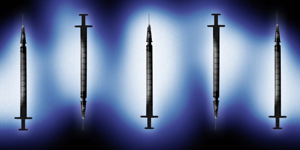 Illustration of Covid-19 vaccine syringes glowing with ethereal light.