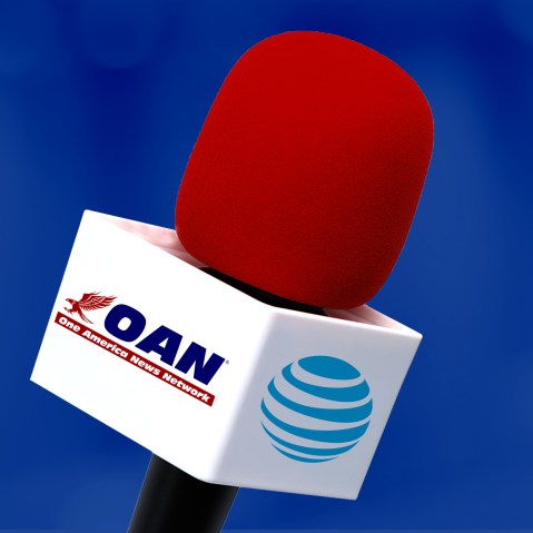 Photo illustration: A TV microphone has the One America News Network logo on one side and the AT&T logo on the other.