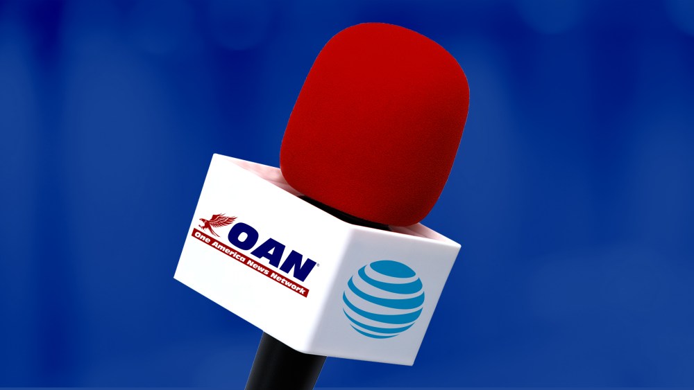 Photo illustration: A TV microphone has the One America News Network logo on one side and the AT&T logo on the other.