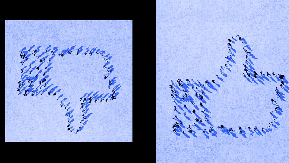Photo illustration: A thumbs up sign and thumbs down sign made up of people walking.