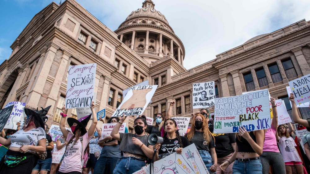 Protesters take part in march for abortion rights at the State Capitol in Austin, Texas, on Oct .3, 2021.