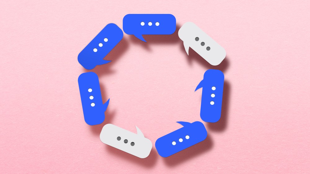 Photo illustration: A circle of blue and white speech bubbles.