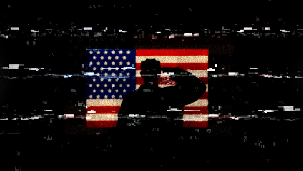 Photo illustration: A black glitchy screen showing a silhouette of a person saluting the American flag.