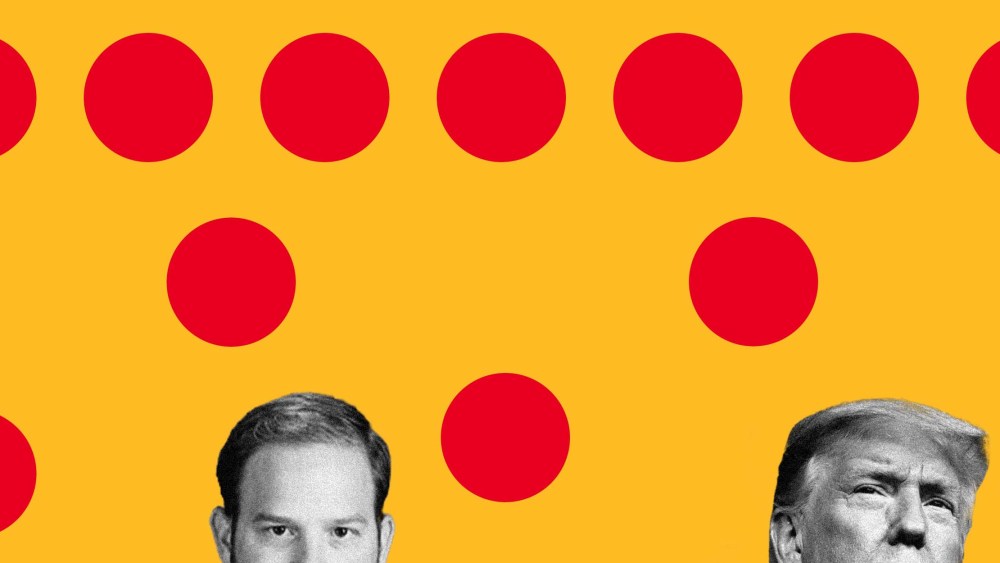 Illustration of Donald Trump and Ryan Williams of the Claremont Institute with red circles.