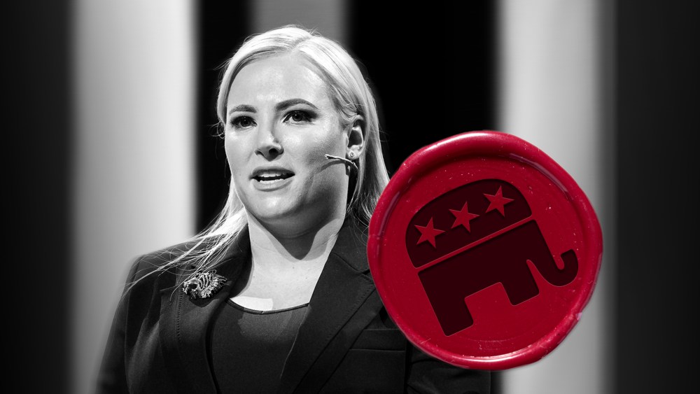 Photo illustration: A red wax seal with the Republican party symbol over an image of Meghan McCain speaking.