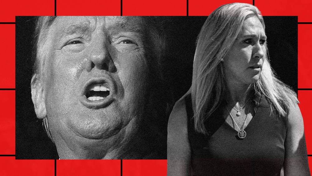 Photo illustration: Donald Trump speaking and Marjorie Taylor Greene looking away.