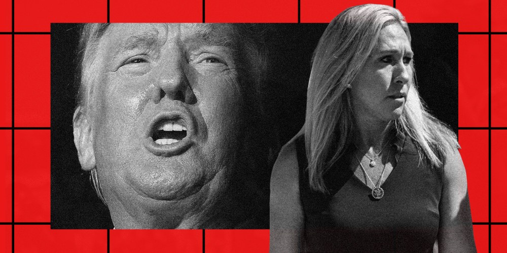Photo illustration: Donald Trump speaking and Marjorie Taylor Greene looking away.