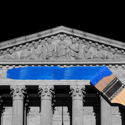 Photo illustration: A paint brush painting a blue swash over the US Supreme Court building.