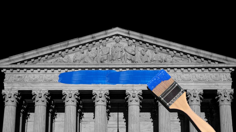 Photo illustration: A paint brush painting a blue swash over the US Supreme Court building.