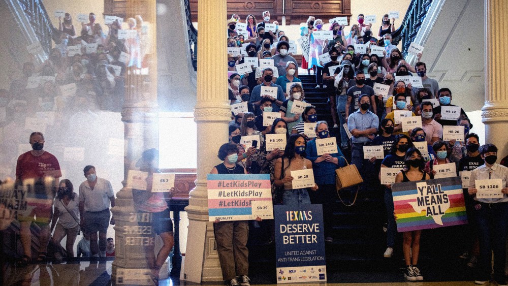 Image: Activists gather at the Texas State Capitol in Austin to protest Republican-led efforts to pass legislation that would restrict the participation of transgender student athletes in sports on Sept. 20, 2021.