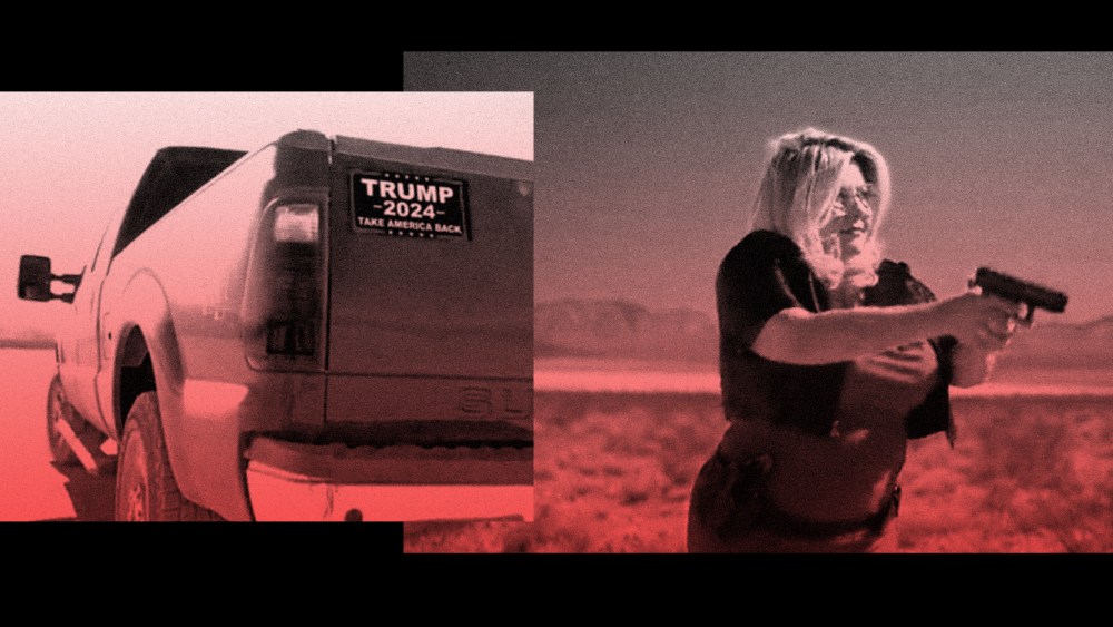 Images: A sticker on the back of a truck reads," Trump 2024. Take America Back" and a woman holding a gun.