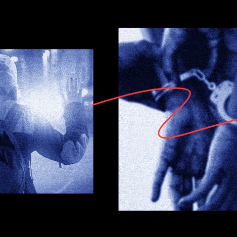 Photo illsutration: Image of a child in a hoodie with their hands up and a teenager's hands being handcuffed.