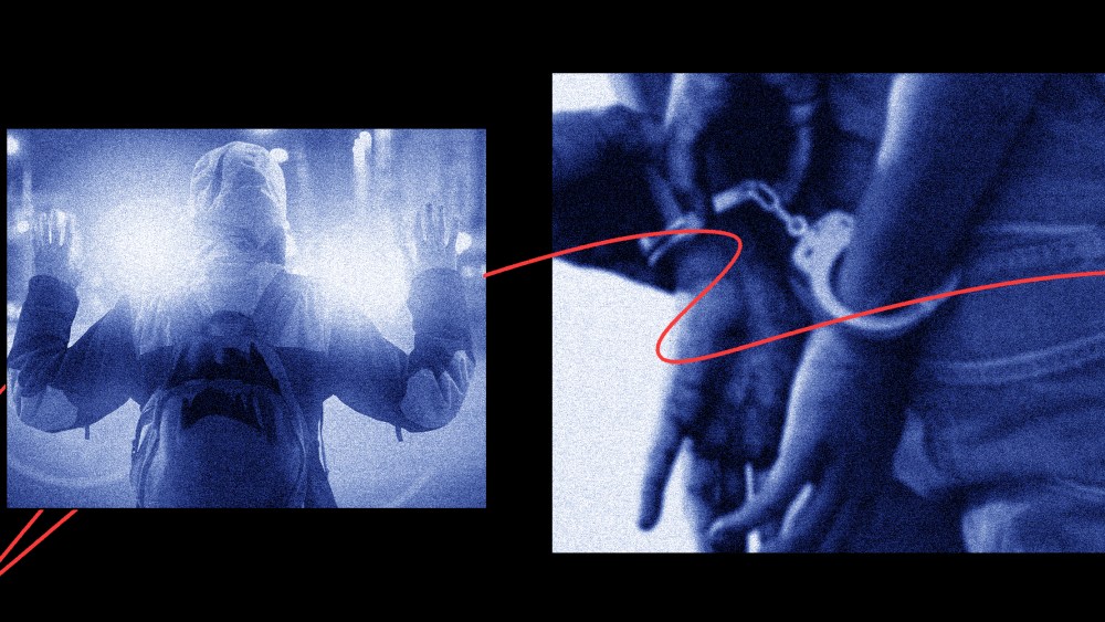 Photo illsutration: Image of a child in a hoodie with their hands up and a teenager's hands being handcuffed.