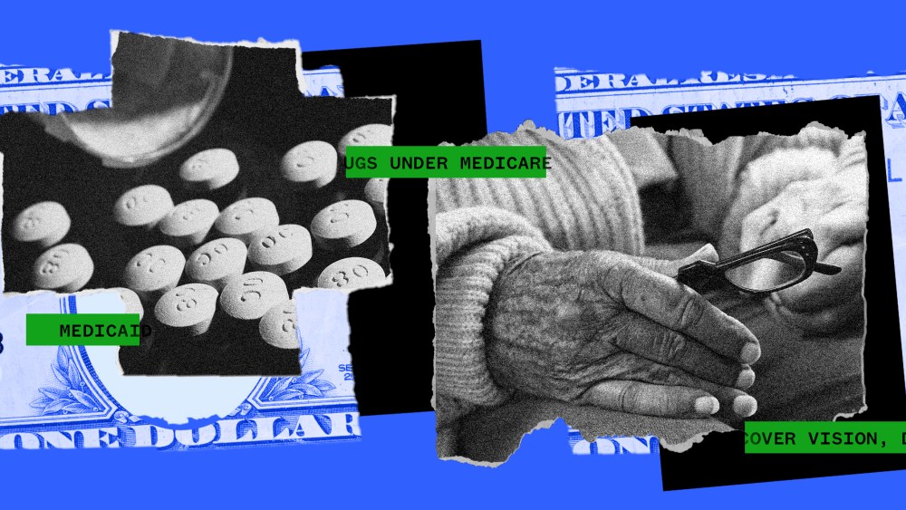 Photo illustration: Pieces of a paper showing pills and an elderly person's hand holding a pair glasses, green strips show pieces of text that read,"medicaid","medicare" and "vision, dental".
