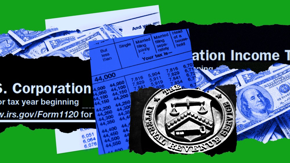 Photo illustration: Pieces of paper reveal images of dollar bills, Income Tax filing papers and the seal of the Internal Revenue Service.