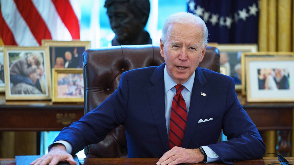 President Joe Biden in the Oval Office of the White House on Jan. 28, 2021.
