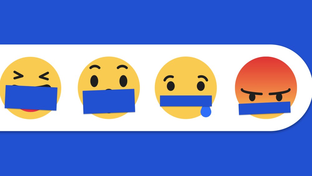 Photo illustration: Blue tape over the mouths of the Facebook reaction emojis.