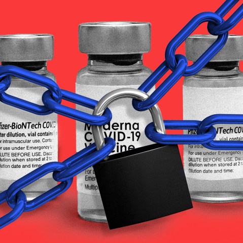 Photo illustration: A chain and padlock over three vaccine vials of Pfizer and Moderna.