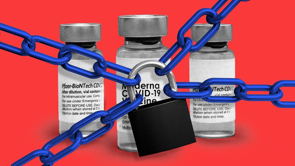Photo illustration: A chain and padlock over three vaccine vials of Pfizer and Moderna.
