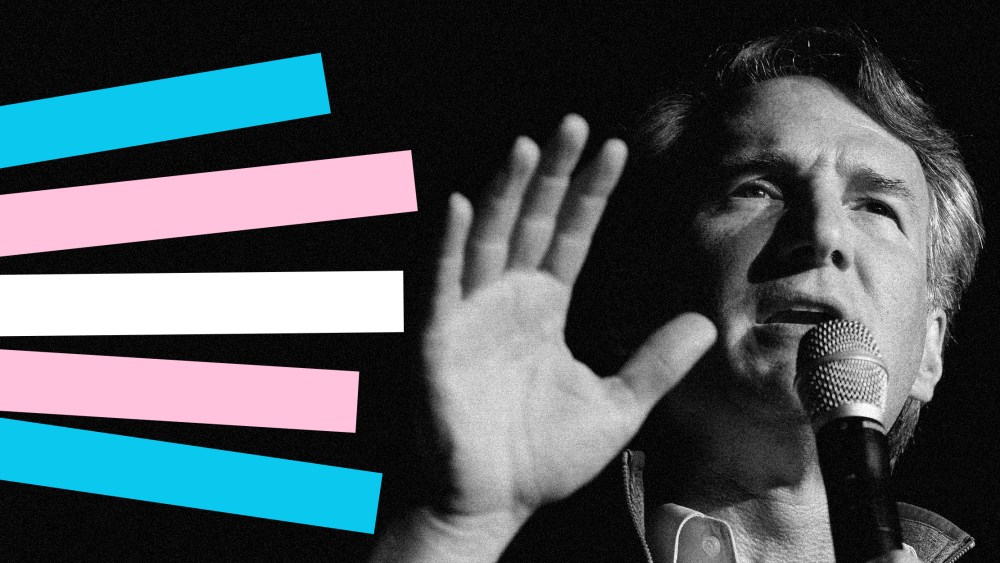 Photo illustration: The stripes of a transgender pride flag break up as they touch Glenn Youngkin's hand.
