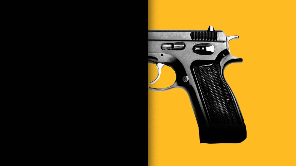 Illustration of a handgun concealed by a black box.