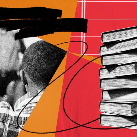 Illustration of a Black teenage boy raising his hand in class, a stack of books and scribbles.