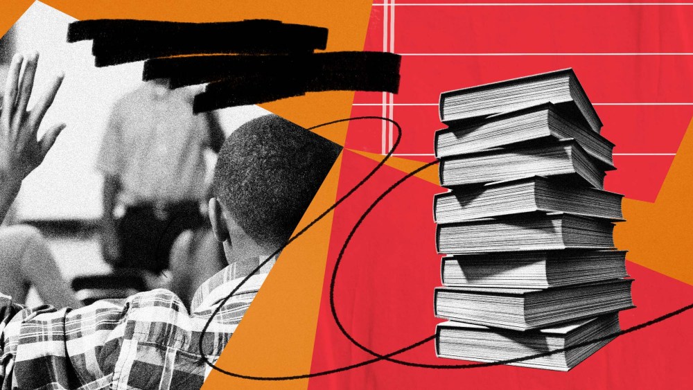 Illustration of a Black teenage boy raising his hand in class, a stack of books and scribbles.