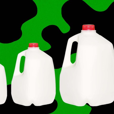Illustration of gallons of milk increasing in size on a background of a cow pattern.