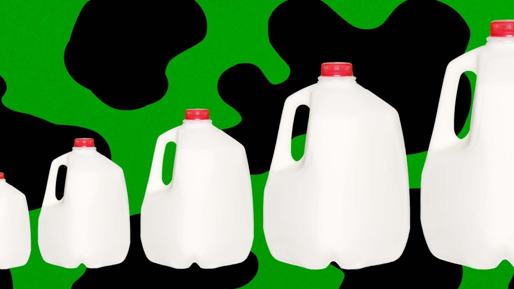 Illustration of gallons of milk increasing in size on a background of a cow pattern.