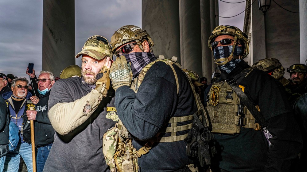 Members of the Oath Keepers Militia at the front door of U.S. Capitol in Washington on Jan. 6, 2021.