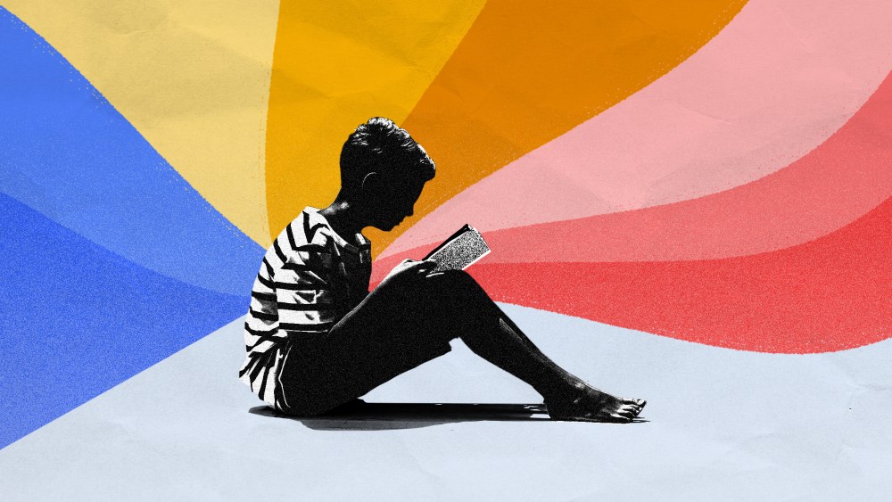 Photo illustration: A child reading a book as a spectrum of colors come out of the book.