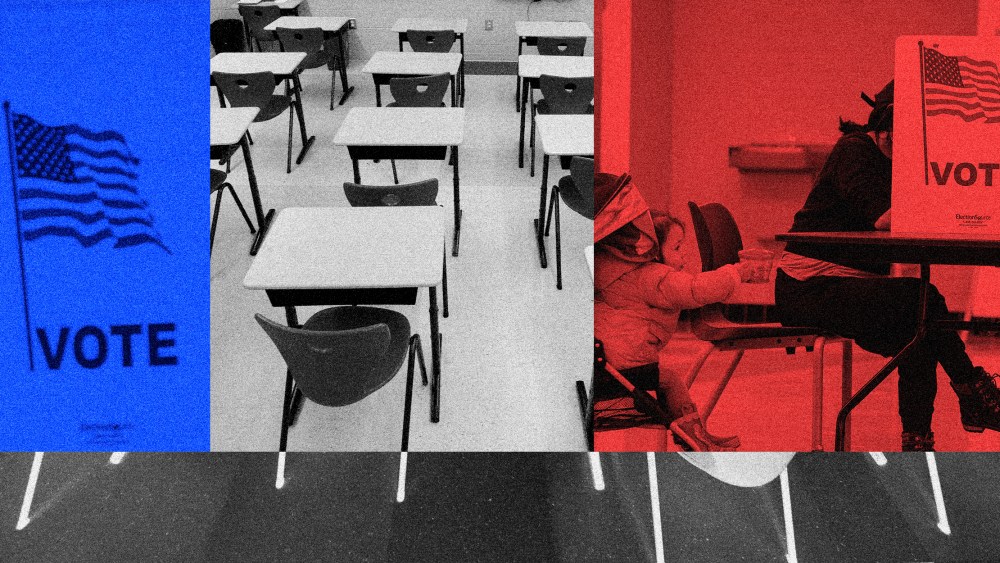 Photo illustration: A blue block showing a voting booth, an empty classroom with rows of desks and a red block with a mother voting next to her child in a stroller.