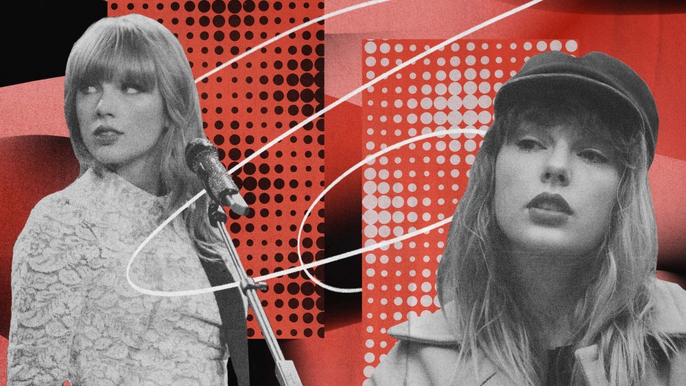 Illustration of Taylor Swift during her RED Tour in 2013 and Taylor Swift in 2021.