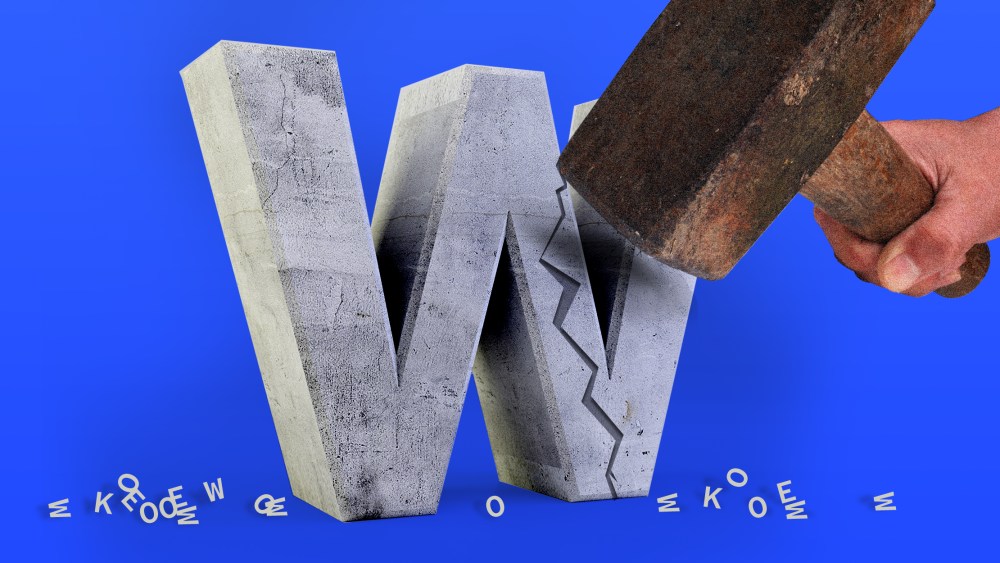 Photo illustration: A hand holding a sledgehammer over a concrete W shaped block with a crack in it. Letters including "w","o","k" and "e" are strewn on the floor.