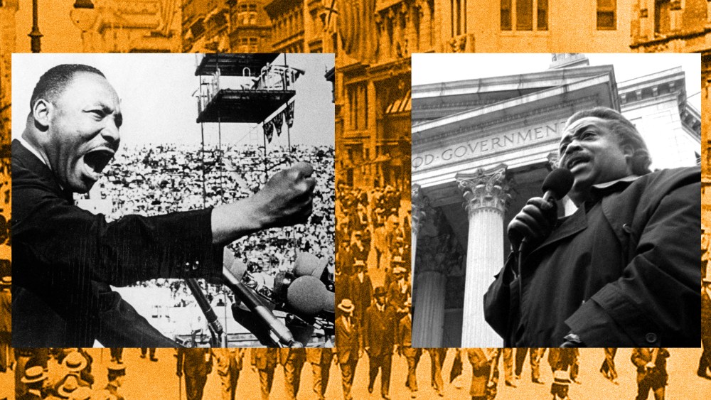 Photo collage: Images of Rev. Martin Luther King Jr. and Rev. Al Sharpton speaking at rallies over a background image of people marching.