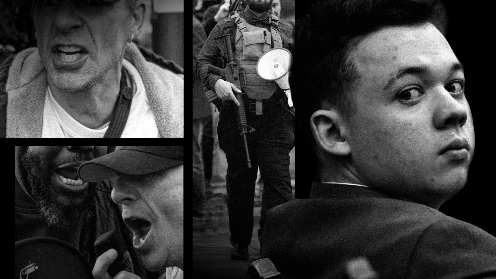 Photo collage: Images of protestors confronting each other outside the Kenosha County Courthouse during the trial of Kyle Rittenhouse; a protestor carrying a rifle; Kyle Rittenhouse inside the courtroom.