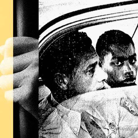 Photo collage: Image of hands behind bars and of a young Henry Montgomery flanked by two deputies.