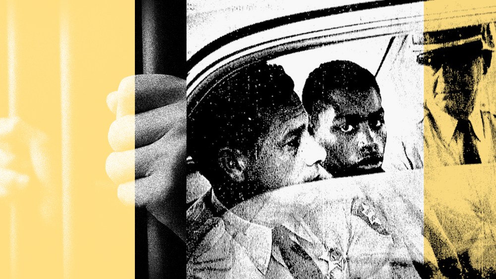 Photo collage: Image of hands behind bars and of a young Henry Montgomery flanked by two deputies.
