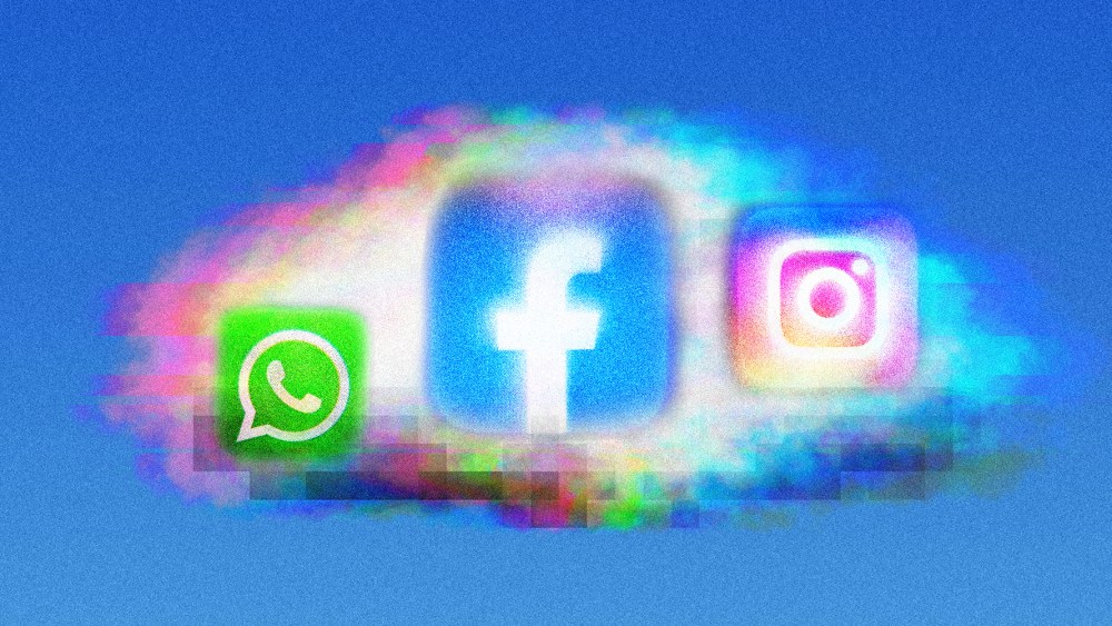Photo illustration: Logos of Whatsapp, Facebook and Instagram on a cloud that's glitching.