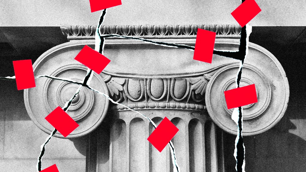 Photo illustration: Torn up paper showing a close-up of an ionic column taped together with red colored tape.