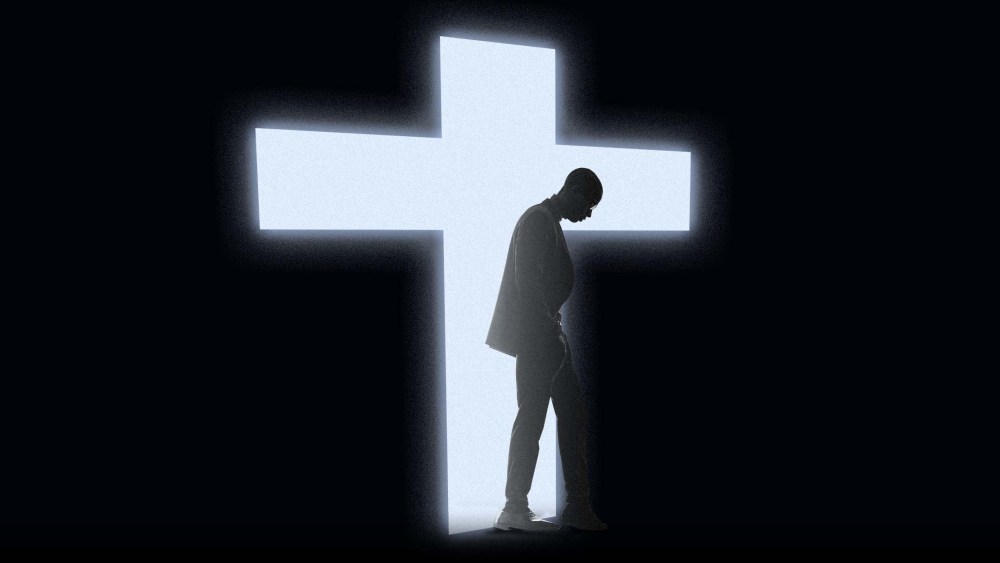 Illustration of a Black man walking away from a glowing cross.