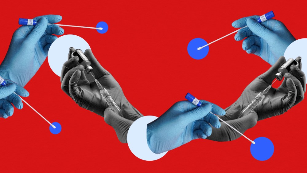 Photo illustration: Gloved hands holding Coronavirus testing swabs and hands pulling syringes out of vials handoverlapping each other to form a chain.
