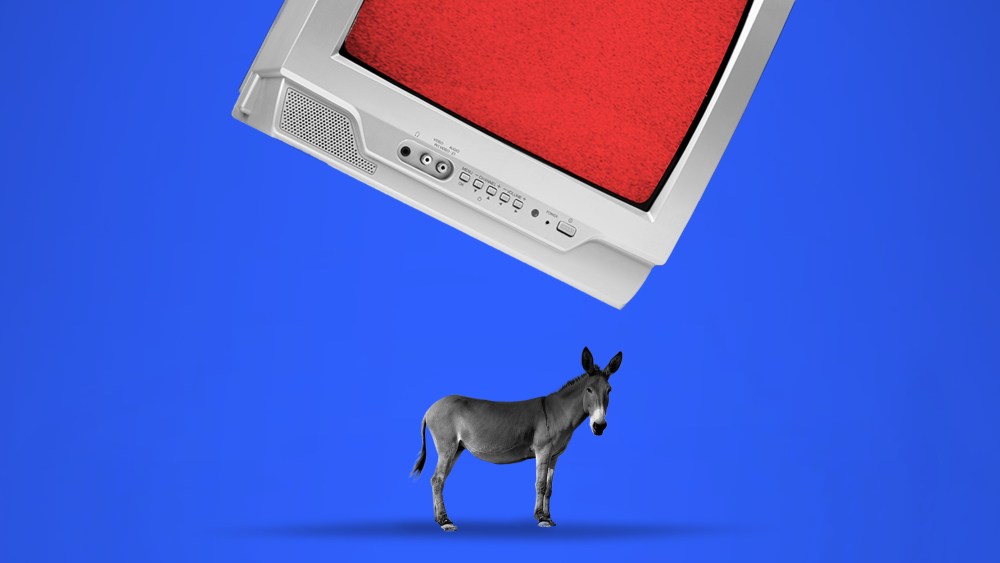 Photo illustration: A television set with a red screen looming over a donkey standing under it.