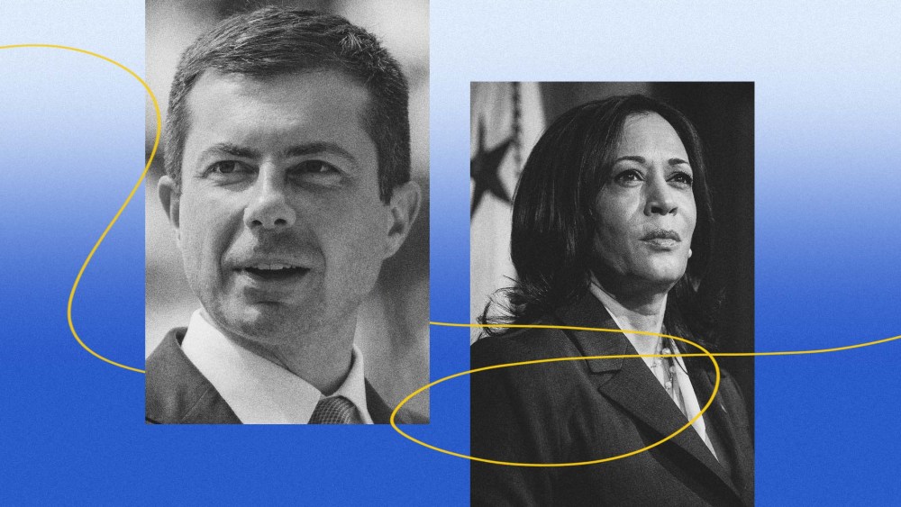 Illustration of Pete Buttigieg and Vice President Kamala Harris.