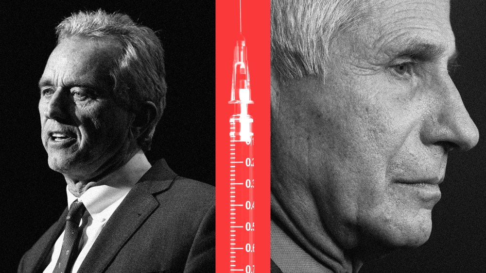 Photo illustration: A vaccine on a red strip between Robert Kennedy Jr. and Dr. Anthony Fauci.