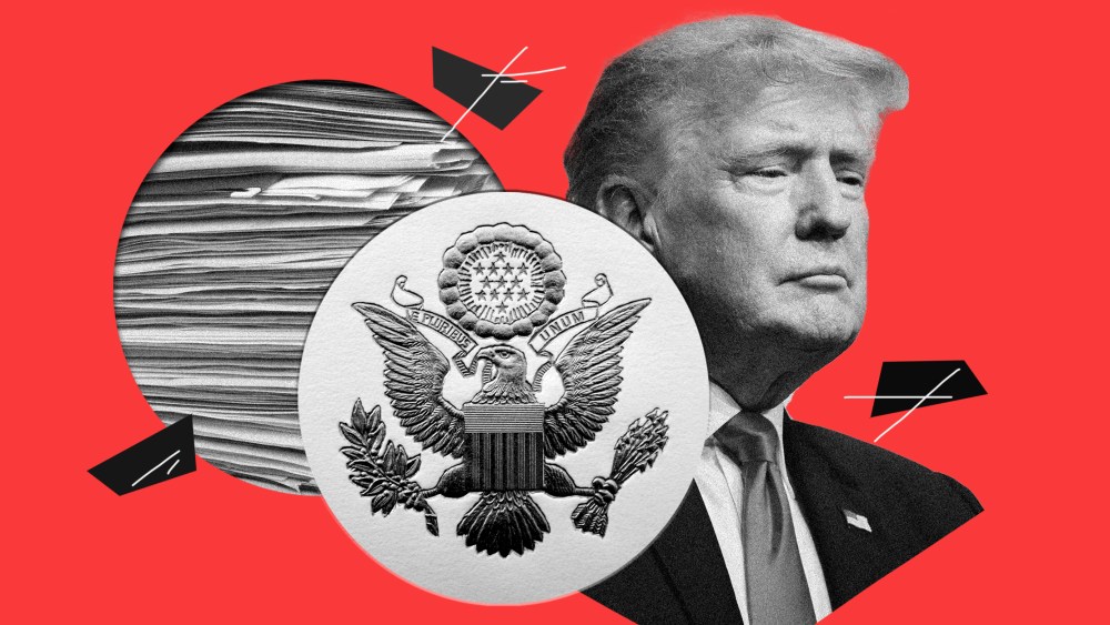 Photo illustration: An image of Donald Trump and a hole with folders with documents behind a presidential seal.