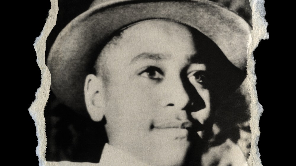 Photo illustration: A paper with torn edges shows an image of young Emmett Till.