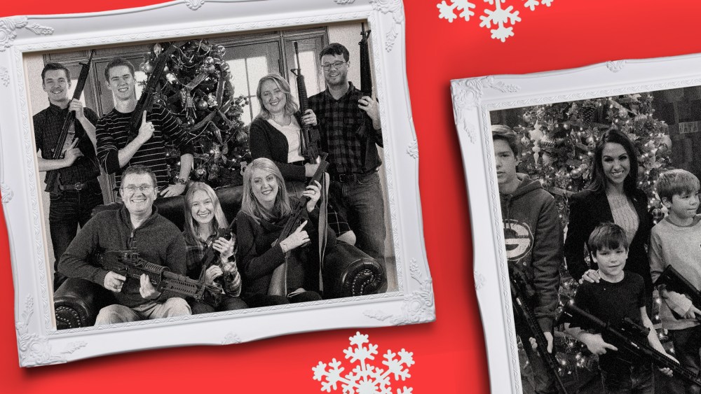 Image: Two picture frames with portraits of two families holding guns in front of their Christmas trees.