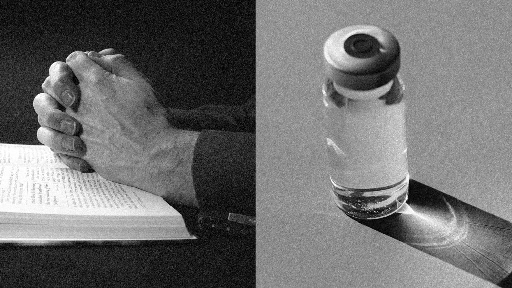 Images: A hand praying over a bible and a vaccine vial.