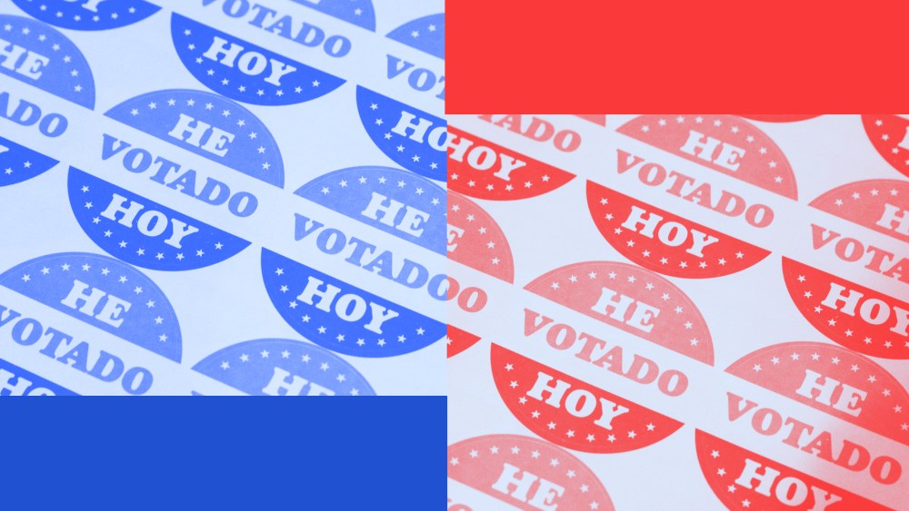 Photo illustration: Sheet of stickers that read,"he votado hoy" split into blue and red halves.